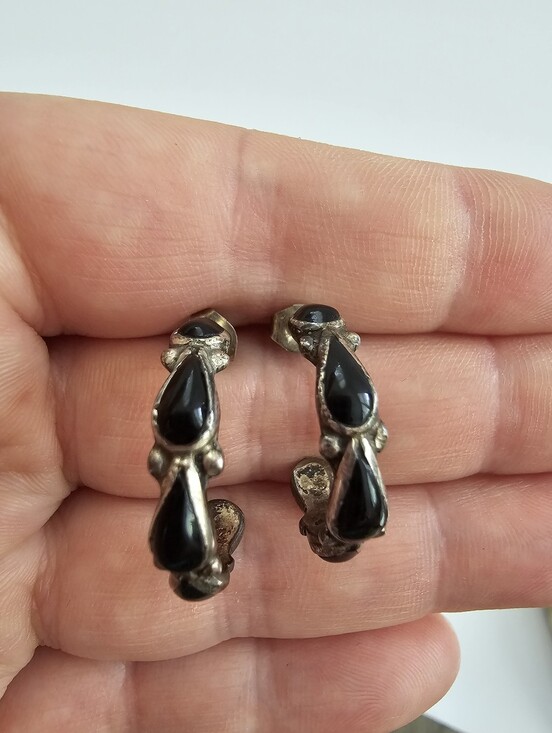 Hand Crafted Jewelry - Vintage Sterling Silver Black Onyx Teardrop Semi Hoop Earrings Southwestern
